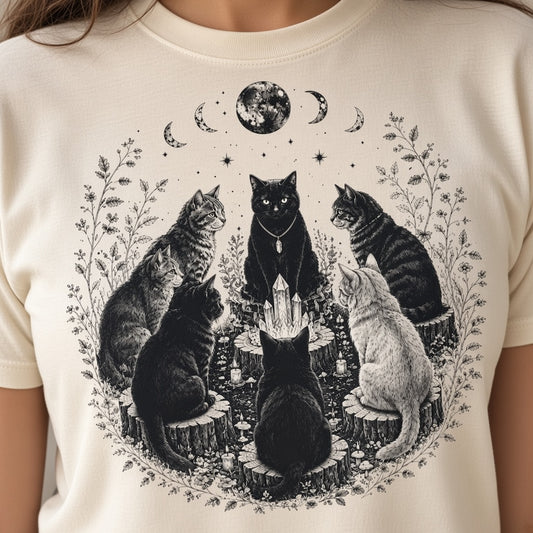 Mystical Black Cat Sabbath T-Shirt with Moon Phases