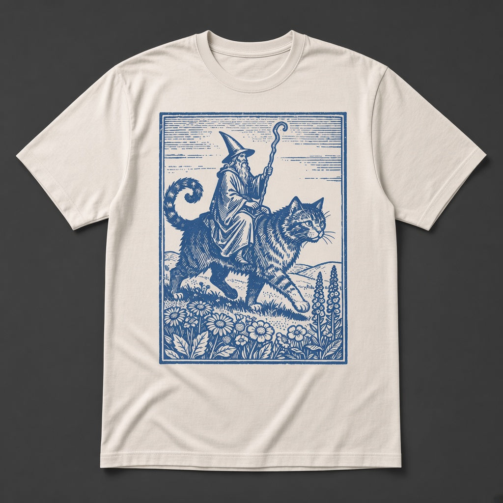 Wizard Cat Rider Retro Fantasy Graphic Print T-Shirt