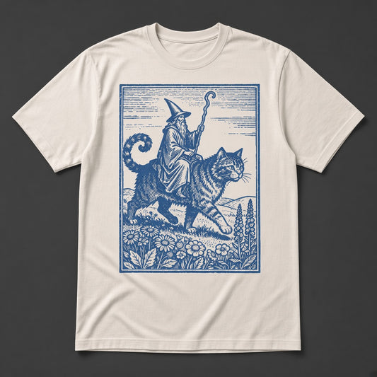 Wizard Cat Rider Retro Fantasy Graphic Print T-Shirt