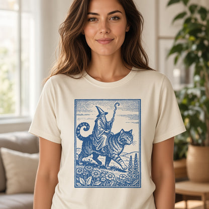 Wizard Cat Rider Retro Fantasy Graphic Print T-Shirt