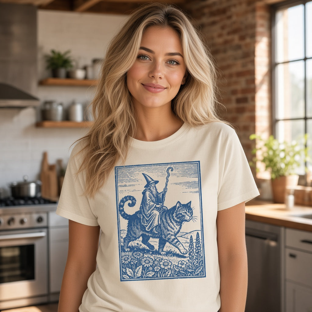 Wizard Cat Rider Retro Fantasy Graphic Print T-Shirt