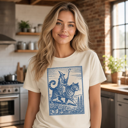 Wizard Cat Rider Retro Fantasy Graphic Print T-Shirt