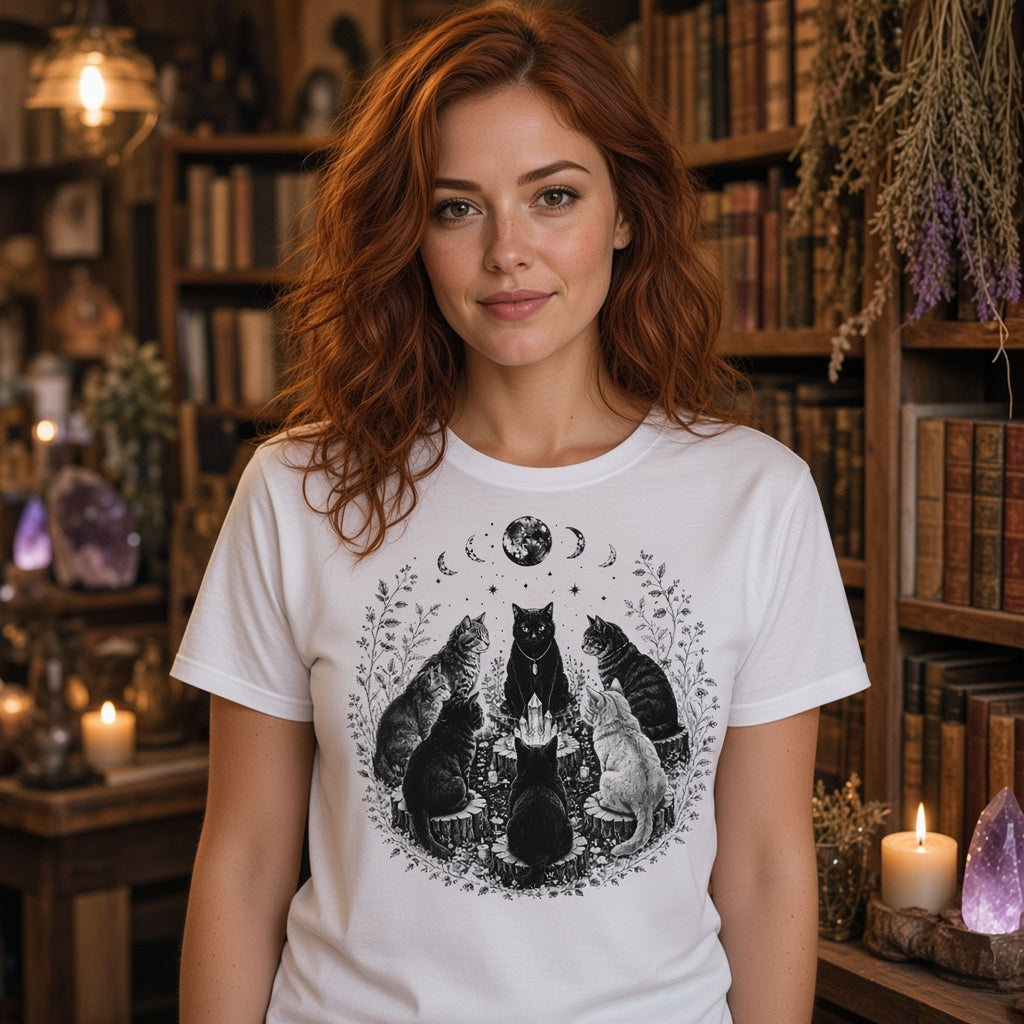 Mystical Black Cat Sabbath T-Shirt with Moon Phases
