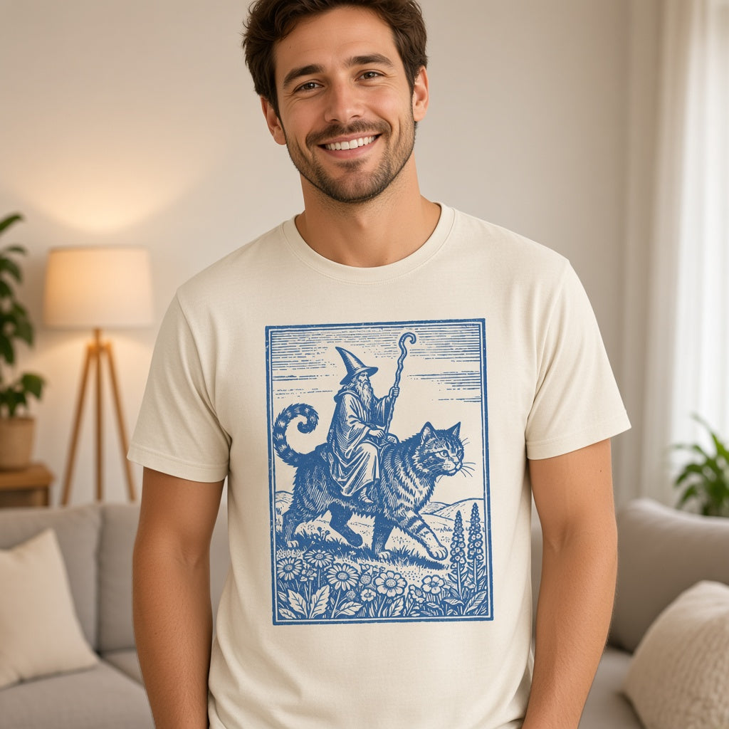 Wizard Cat Rider Retro Fantasy Graphic Print T-Shirt