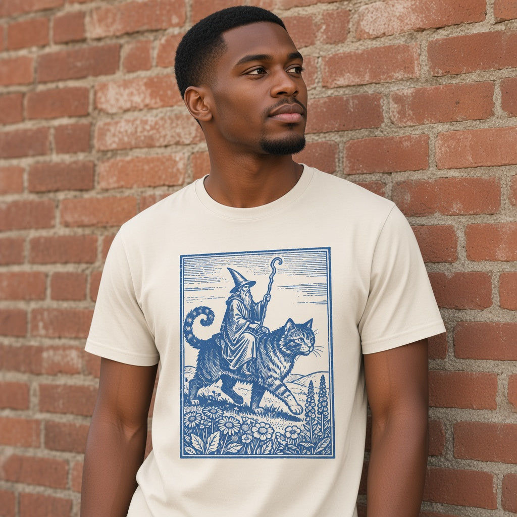 Wizard Cat Rider Retro Fantasy Graphic Print T-Shirt