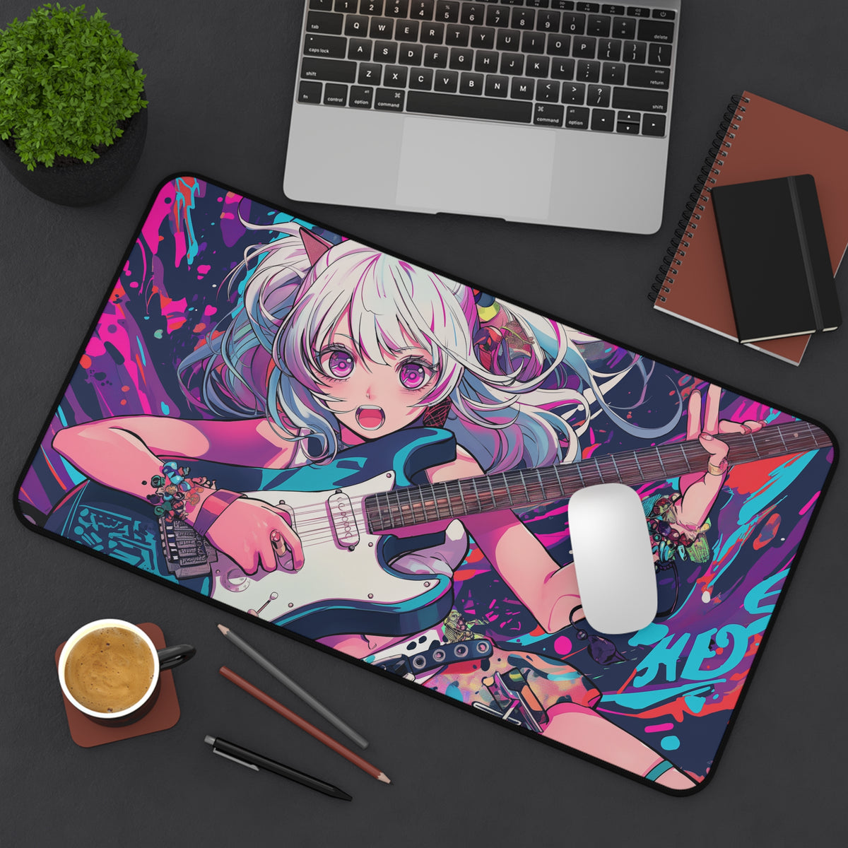 Anime girl with guitar Desk Mat, Gaming keyboard mat, XXL mousepad