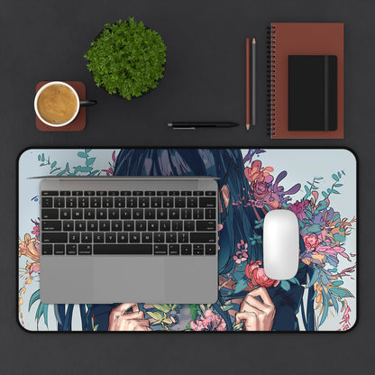 Anime Girl with mask and flowers Desk Mat